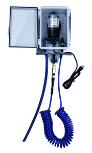 Qwix Mix Outdoor Windshield Washer Fluid Wall Mounted Dispenser For Dispensing From a 55 Gallon Drum, Tote or Tank. With Box Lid Open To Show The Pump.